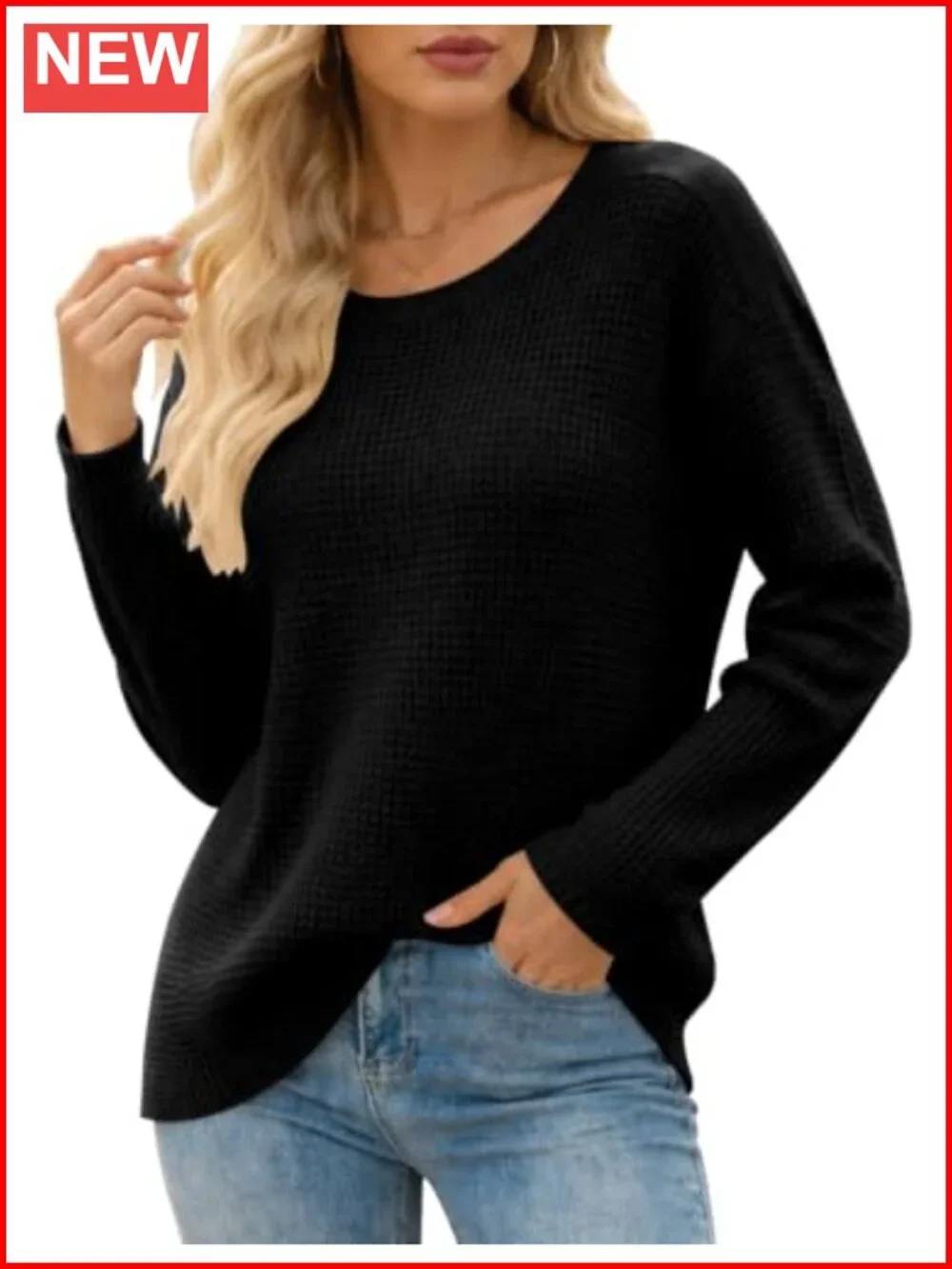 Waffle Knit Womens Sweater Long Sleeve Crew Neck Loose Pullover